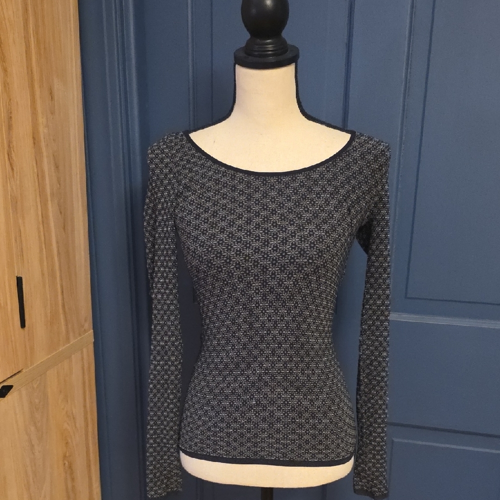 Free People Black & White Geometric Scoop Neck Long Sleeve Top Stetchy M/L